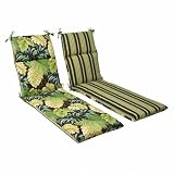 Pillow Perfect Outdoor Green/Brown Tropical/Striped Reversible Chaise Lounge Cushion