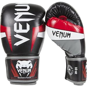 Venum Elite Boxing Gloves, Black/Red/Grey, 16-Ounce