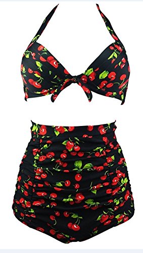 Happy Sailed Women Retro Floral Print Halter Neck Pleated High Waist Bikini