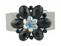 Bracelet - B181 - Glass & Crystal - Mesh Style with Adjustable Magnetic Closure - Flower ~ Denim Blue