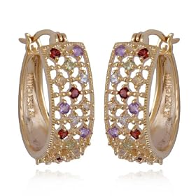 18k Yellow Gold Overlay Sterling Silver Multi-Gemstone Hoop Earrings