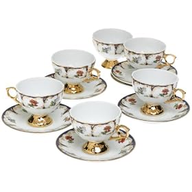 Yedi Houseware Classic Coffee and Tea Floral Espresso Cups and Saucers, Gold, Set of 6