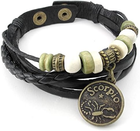 Mygoodie Jewelry Mens Womens Leather Bracelet, Handmade Constellation Zodiac Sign Logo Charms, Beads, Button, Adjustable Size Bangle, Black