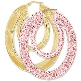 Image of Jewelco London 9ct Yellow gold Pink Crystal-set Double Oval Loop Creole Earrings