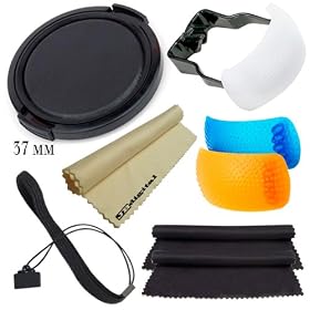 Pop-Up Flash Diffuser Set (Blue, Yellow, White) + 37mm Snap-On Lens Cap + Lens Cap Keeper + 2 JB Microfiber Cleaning Cloths for Camera Lenses with 37MM Filter Threads