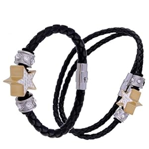 Kadima Leather Bracelet ,Leather Necklace ,Stainless Steel Pandora Beads ,Stainless Steel Braided PU with Gold Star & Crystal Bracelet and Necklace Set, 6mm 8