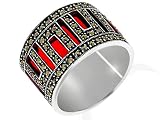 Ladies Sterling Silver Marcasite & Red Enamel Fancy Band Ring
