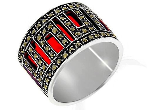 Ladies Sterling Silver Marcasite & Red Enamel Fancy Band Ring