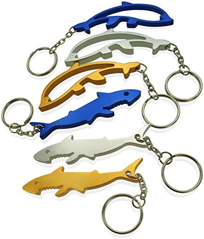 Dolphin &amp; Shark Ocean Animal Bottle Opener Party Favor Anodized Keychains Silver, Gold and Blue - 24 pieces