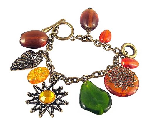 Bracelet - B173 - Assorted Beads and Sun Charm - Charm Style ~ Antique Gold Tone