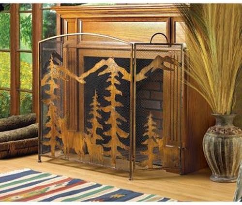 AW Rustic Forest Deer Holiday Christmas Metalwork FIREPLACE SCREEN w/ Three-part folding design with Mesh Screen