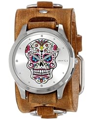 Nemesis Womens BFRB925S Punk Rock Collection Silver Sugar Skull Leather Cuff Band Watch