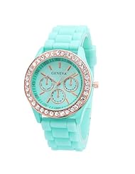 Silicone Womens Golden Crystal Stone Quartz Jelly Wrist Watch (Mint Green)