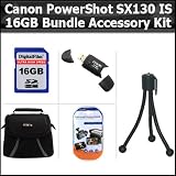 16GB Bundle For Canon PowerShot SX130 IS SX130IS Digital Camera Includes 16GB High Speed SD Memory card + USB 2.0 High Speed Card Reader + Deluxe Carrying Case + Mini Tripod + Clear LCD Screen Protectors + More