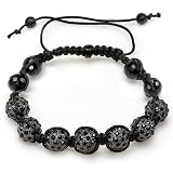 Beaded Crystal Bracelet Mens Ladies Unisex Hip Hop Style Pave 11 mm Seven Gunmetal Black Disco Ball Faceted Bead Unisex Adjustable