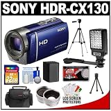 Sony Handycam HDR-CX130 1080p HD Video Camera Camcorder (Blue) with 32GB Card + Wide & Telephoto Lens + Flash + Battery + Case + Tripod + Accessory Kit