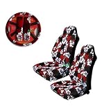 A Set of 5 Pc. Universal-fit Hawaiian Front Bucket Seat Cover, Steering Wheel Cover and Shoulder Harness Pressure Relief Cover - Red Hawaii Hibiscus Floral Print