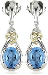 Love Knot Sterling Silver and 14k Yellow Gold Blue Topaz with Diamond Earrings