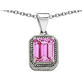 1.50 cttw 925 Sterling Silver 14K White Gold Plated Lab Created Emerald Cut Pink Sapphire Pendant