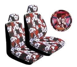 Red Universal-fit Hawaiian Hibiscus Floral Print Low Back Front Bucket Seat Cover with Separate Headrest Cover, Steering Wheel Cover and Shoulder Seat Belt Pads Comb
