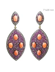 Couturechics 14k Gold and 925 Sterling Silver 16.64 Ct Ruby & Coral Natural Diamond Pave Marquise Design Dangle Earrings Handmade Vintage Jewelry