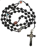 St. Benedict Black Glass Bead Rosary with Photographs - 8mm Beads - 30 in. Necklace - 22 in. Overall