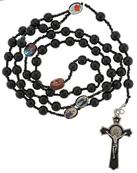 St. Benedict Black Glass Bead Rosary with Photographs - 8mm Beads - 30 in. Necklace - 22 in. Overall