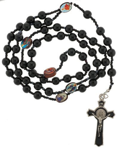 St. Benedict Black Glass Bead Rosary with Photographs - 8mm Beads - 30 in. Necklace - 22 in. Overall