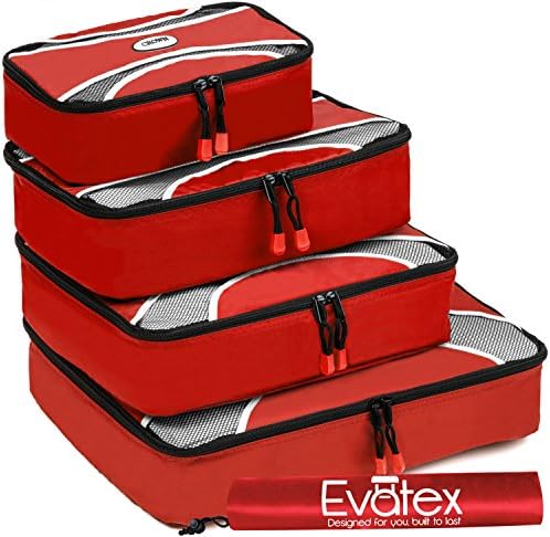 Packing Cubes | Travel Packing Cubes-by Evatex, 4pc Set with Shoe Bag | Packing Cubes for Travel,Laundry Bag- (Red)
