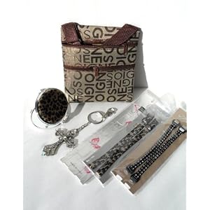 Designer Bra Straps Gift Set with Bag, Rhinestone Cross Keychain, & Animal Print Compact