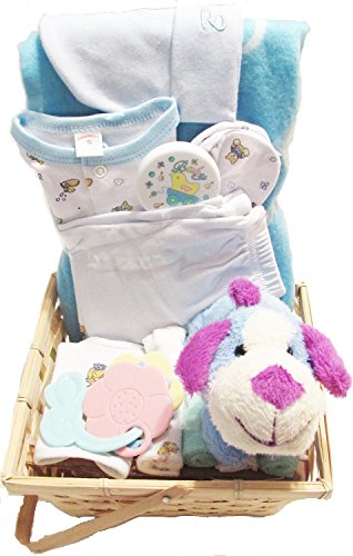 Baby Gift Basket Blue Set w/ Plush, Rattles, Wash Cloths, Baby Blanket, and Set of Clothes