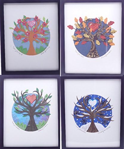 Set of Four Seasons Tree Heart Hand Cut Collage Art Crafted From Handmade Paper Signed Matted and Framed