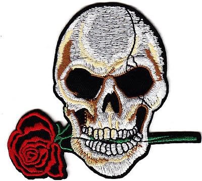 SKULL w/RED ROSE (3 1/2" x 4")-Iron On Embroidered Applique/Pirates. Skulls