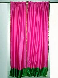 2 Rani Pink Art Silk Sari Curtains Green Border Drapes Panels 96"