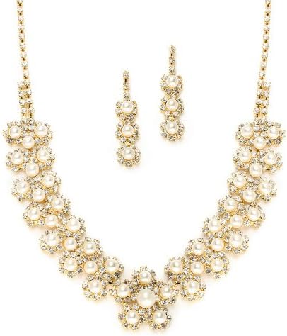 Ivory Simulated Pearl & Gold-Tone Rhinestone Necklace Set with Daisies