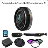 Panasonic Lumix 14mm f/2.5 G Aspherical Lens Kit for the Panasonic Lumix DMC-GF1 Digital Camera. Package Includes: Panasonic Lumix G 14mm F2.5 ASPH Lens, 3 Piece Filter Kit (UV-CPL-FLD), Extended Life Battery, 16GB SDHC Memory Card, Memory Card Reader, Lens Cap + Lens Cleaning Pen