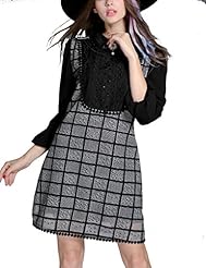 Plus Size Winter Shift Floral Print Plaid Print Embroidered Beaded  Puff Sleeves  Dress With Rhinestones