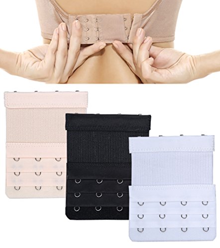 Quintina Ladies Elastic Bra Extender Stretchy 4 hook 3/4 inch Spacing Breathing Room (4 hook 3/4 inch, 3 Pcs (Black+Nude+White))