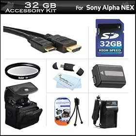 32GB Accessories Kit For Sony Alpha NEX-F3, NEX-C3, NEX-7, NEX-5N, NEX-5R Digital Camera Includes 32GB High Speed SD Memory Card + Extended Replacement (1500 maH) NP-FW50 Battery + Ac/Dc Charger + Case + MIni HDMI Cable + 49mm UV Filter + USB Reader +More