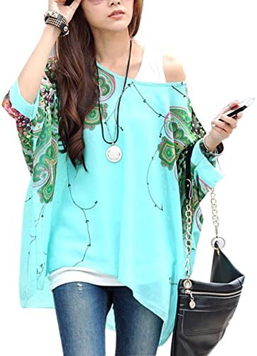 Qianbo Women's Bohemian Loose Off Shoulder Chiffon Tops Shirt Batwing Sleeve Blouse XL