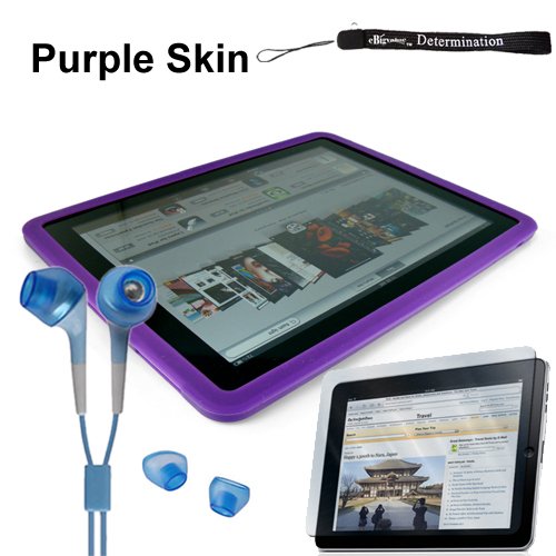 Apple Ipad Tablet ( 3G , wifi , WiFi + 3G ) Carrying Case Roberized Silicone Skin for ipad ** PURPLE ** ( iPad Accessories Only ) + Includes a 4-inch eBigValue (TM) Determination Hand Strap + Anti-Glare Screen Protector for IPad Tablet (All Models) + Fashion Earbud Headset Headphones 3.5mm In-Ear Stereo ( Blue )