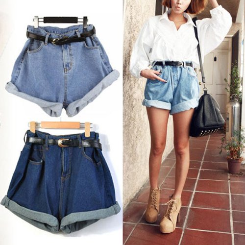 Lady Women Retro Girl High Waisted Oversize Crimping Boyfriend Jeans Shorts Pant