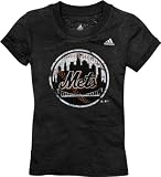 MLB Girls' New York Mets Short Sleeve Longer Length Burnout Tee, Black, Large