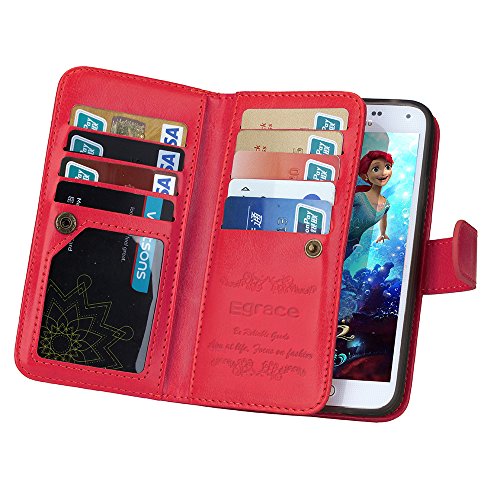 S5 Case, Galaxy S5 Case - Egrace Vintage Classic Wallet Case Hard Shell Skin Case [Stand View] Samsung S5 Premium PU [Wallet Case] Leather Case with Built-in 9 Card Slots Galaxy S5 / Galaxy SV / Galaxy S V (2014) (Red)