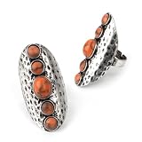 Large Beaded Fashion Ring Burnt Silver & Coral
