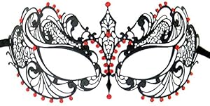 Luxury Mask Women's Laser Cut Metal Venetian Pretty Masquerade Mask, Black/Red Stones, One Size