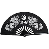 35cm Bamboo Chinese Fan Tai Chi Kung Fu Folding Fan With Dragon Design (Black)