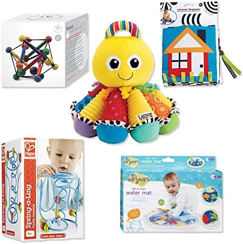 Baby Sensory Skills 5 Toys Bundle - Play Mat, Bead Maze, Grasping Teether, Fabric Book, Soft Musical Octopus