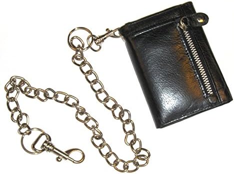 4 1/4 inch Leather Trifold Biker Wallet with Chain - Black