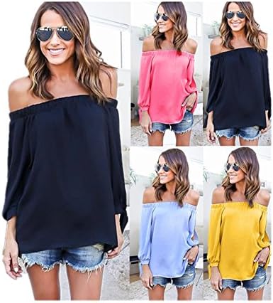 ZHU Sexy Casual Women Chiffon Off Shoulder Long Sleeve Blouse Loose Tops T-Shirt Sky Blue